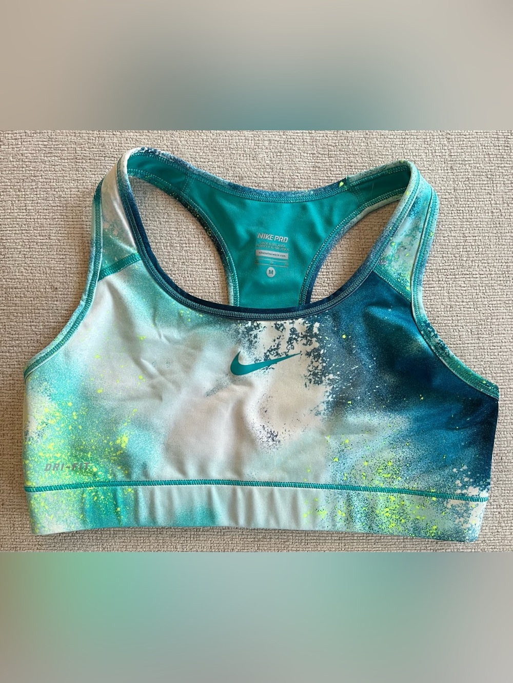 Nike Pro Teal, Navy & White Splash Sports Bra